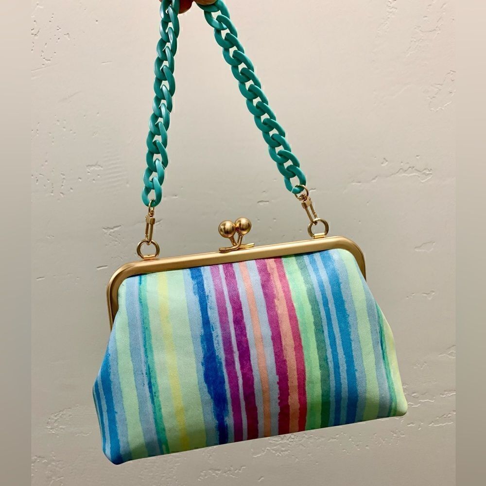 Handmade Genuine Leather Colorful Striped Kisslock Clutch/Wristlet/Crossbody